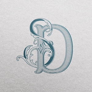 Può includere: Un design monogramma turchese con le lettere "S" e "D" intrecciate. Le lettere sono ornate, con decorazioni e un motivo a righe, su uno sfondo grigio chiaro strutturato.