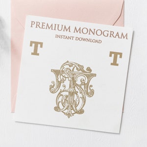 May include: A white card with the text "PREMIUM MONOGRAM INSTANT DOWNLOAD" and the letter "T" in gold. The card also features a gold monogram of the letter "T" in a decorative font.
