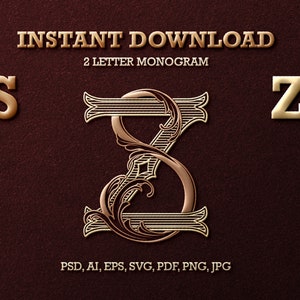 Duogramme de lettre SZ 2, monogramme de mariage, police de caractères, logo, monogramme de mariage traditionnel, monogramme SVG, fichier de coupe, vecteur, monogramme vintage, ZS