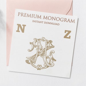 May include: A white card with the text "PREMIUM MONOGRAM INSTANT DOWNLOAD" and the letters "N" and "Z" in gold. A gold monogram design of the letters "N" and "Z" is in the center of the card.