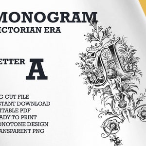 Monograma de la era victoriana - una sola letra A, Vintage una letra monograma, arte de pared imprimible, PNG transparente, archivo de corte SVG, PDF listo para imprimir