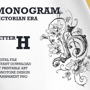 Monograma de la era victoriana - carta única H, Vintage una letra monograma, arte de pared imprimible, PNG transparente, archivo de corte SVG, PDF listo para imprimir