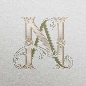 Peut inclure: Un monogramme décoratif avec les lettres "N" et "I" entrelacées. Les lettres sont dans une police stylisée avec un aspect vintage et sont soulignées en marron et vert.