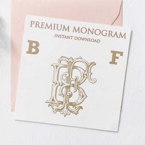 Puede incluir: Una tarjeta blanca con el texto "PREMIUM MONOGRAM INSTANT DOWNLOAD" y las letras "B" y "F" en dorado. Un diseño de monograma dorado de las letras "B" y "F" está en el centro de la tarjeta.