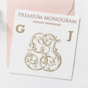 May include: A gold monogram with the letters "G" and "J" intertwined with ornate floral designs. The text "PREMIUM MONOGRAM" and "INSTANT DOWNLOAD" is printed above the monogram.