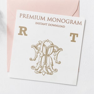 May include: A gold monogram with the letters "R" and "T" in a decorative font. The letters are surrounded by ornate flourishes. The text "PREMIUM MONOGRAM" and "INSTANT DOWNLOAD" is also visible.
