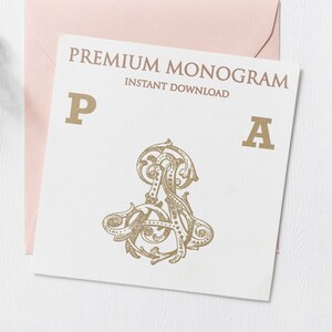 May include: A digital download of a monogram design featuring the letters "P" and "A" in a vintage style with ornate flourishes. The text "PREMIUM MONOGRAM INSTANT DOWNLOAD" is also included.