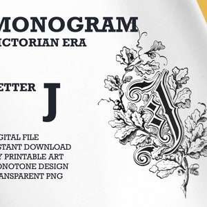 Monograma de la era victoriana - una sola letra J, Vintage una letra monograma, arte de pared imprimible, PNG transparente, archivo de corte SVG, PDF listo para imprimir