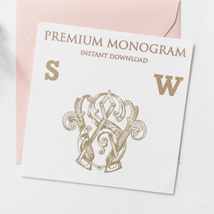 May include: A white card with the text "PREMIUM MONOGRAM INSTANT DOWNLOAD" and the letters "S" and "W" in gold. A gold ornate monogram design with the letters "S" and "W" intertwined.