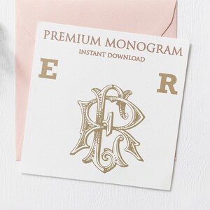 Puede incluir: Una tarjeta blanca con el texto "PREMIUM MONOGRAM INSTANT DOWNLOAD" y las letras "E" y "R" en dorado. Un monograma dorado con las letras "ER" está en el centro de la tarjeta.