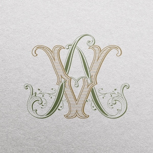 Op de afbeelding: Een monogramontwerp met de letters "A" en "V" in een decoratief, gestileerd lettertype. De letters zijn met elkaar verweven en hebben een groen-bruin kleurenschema.
