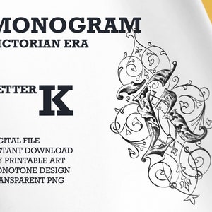 Monograma de la era victoriana - una sola letra K, Vintage una letra monograma, arte de pared imprimible, PNG transparente, archivo de corte SVG, PDF listo para imprimir