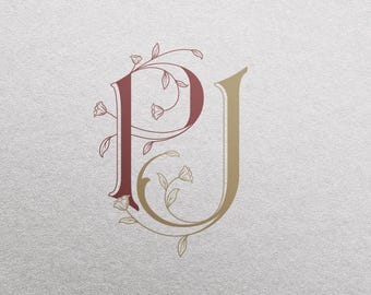 Floral Wedding Monogram (PJ): Elegant Initial Logo (Digital Download)