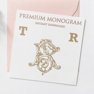 May include: A white card with the text "PREMIUM MONOGRAM INSTANT DOWNLOAD" and the letters "T" and "R" in gold. A gold ornate monogram with the letters "R" and "T" is in the centre of the card.