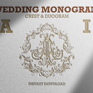 Pode incluir: Um design de monograma de casamento com as letras "A" e "I" entrelaçadas dentro de uma moldura floral decorativa. As letras são douradas e a moldura é marrom. O texto "Wedding Monogram" e "Crest & Duogram" está na parte superior da imagem. O texto "Instant Download" está na parte inferior da imagem.
