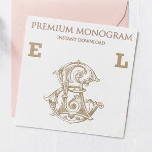 May include: A gold monogram with the letters "E" and "L" intertwined. The letters are in a decorative, ornate font. The text "PREMIUM MONOGRAM" and "INSTANT DOWNLOAD" is above the monogram.