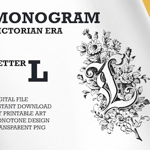 Monograma de la era victoriana - una sola letra L, Vintage una letra monograma, arte de pared imprimible, PNG transparente, archivo de corte SVG, PDF listo para imprimir