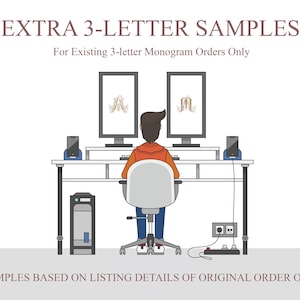 Puede incluir: Una persona sentada en un escritorio de computadora con dos monitores que muestran muestras de monogramas de 3 letras. El texto en la imagen dice "EXTRA 3-LETTER SAMPLES" y "For Existing 3-letter Monogram Orders Only".
