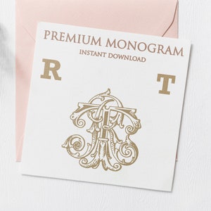 May include: A digital download of a monogram design featuring the letters "R" and "T" in a decorative, ornate font. The letters are intertwined and have a vintage, classic feel. The text "PREMIUM MONOGRAM" and "INSTANT DOWNLOAD" is also included.