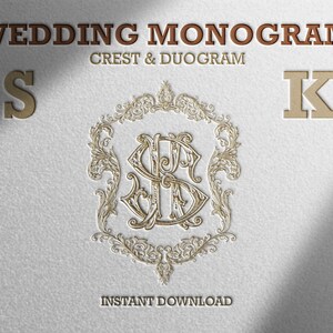 May include: Wedding monogram with the letters S and K in a gold ornate frame. The text "Crest & Duogram" is above the frame and "Instant Download" is below the frame.