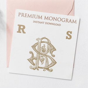 May include: A gold monogram with the letters "R" and "S" intertwined. The monogram is on a white background with the text "PREMIUM MONOGRAM INSTANT DOWNLOAD".