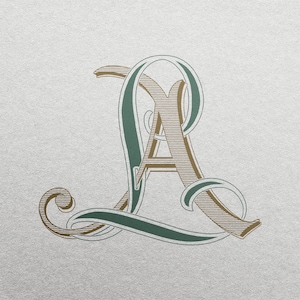 May include: A stylized letter "A" with a green outline and brown stripes. The letter is in a decorative font and has a flourish at the top and bottom.