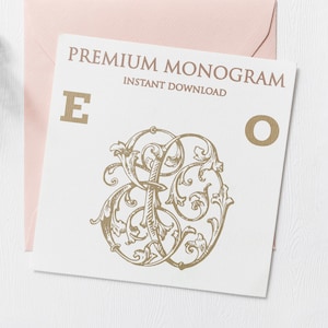 May include: A white card with the text "PREMIUM MONOGRAM INSTANT DOWNLOAD" and the letters "E" and "O" in gold. A gold ornate monogram design is in the center of the card.