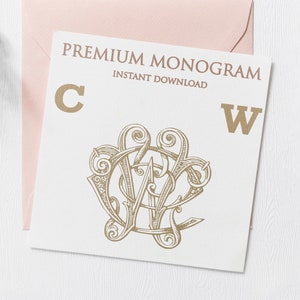 May include: A white card with the text "PREMIUM MONOGRAM INSTANT DOWNLOAD" in gold lettering. The letters "C" and "W" are also in gold lettering. A gold monogram design with the letters "C" and "W" is in the center of the card.