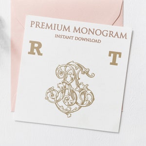 May include: A white card with gold lettering that reads "PREMIUM MONOGRAM INSTANT DOWNLOAD" and features a gold monogram of the letters "R" and "T" in a decorative font.