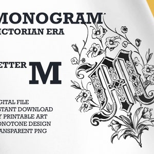 Monograma de la era victoriana - una sola letra M, Vintage una letra monograma, arte de pared imprimible, PNG transparente, archivo de corte SVG, PDF listo para imprimir