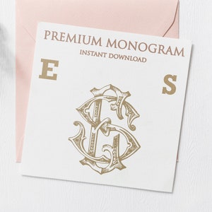 May include: A white card with the text "PREMIUM MONOGRAM INSTANT DOWNLOAD" in gold lettering. The letters "E" and "S" are also in gold lettering. A gold monogram design with the letters "E" and "S" intertwined is in the center of the card.