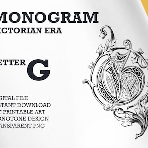 Monograma de la era victoriana - una sola letra G, Vintage una letra monograma, arte de pared imprimible, PNG transparente, archivo de corte SVG, PDF listo para imprimir