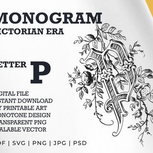 Victorian Era Monogram - Single Letter P, Vintage One Letter Monogram, Printable Wall Art, Transparent PNG, Cut File SVG, PDF Ready to Print