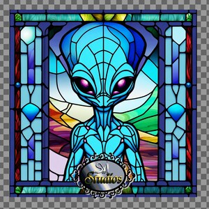 Alien Gebrandschilderd glas afdrukbare afbeelding. ET, ruimte, sublimatie, vierkant, png, jpg, download Syi SYIstudios SYIdesigns voor vierkante snijplanken