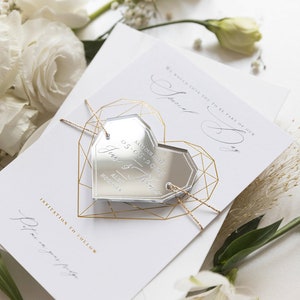 Save-the-Date Karte mit Geometrischem Herz Spiegelmagnet aus Acryl und Folienprägung Gold oder Silber, Magnet, Spiegelmagnet, Hochzeit, STD