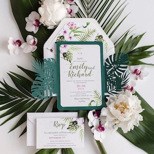 Hochzeitseinladung "Tropical" Grün mit Rsvp und bedrucktem Umschlagfutter, Hochzeit, Einladung, Destination Wedding, Urlaub, Lasergestanzt