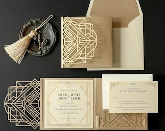 Lasergesneden Pocketfold huwelijksuitnodiging goud Art Deco & Great Gatsby Design met 3 inzetstukken, RSVP-kaart, luxe, Pocketfold