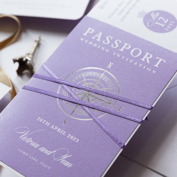 Passport Wedding Invitation Purple Compass Design + Silver Foil and World Map, Destination Wedding, Get Married Abroad, Luxury, Boarding Pass