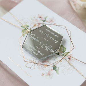 Save-the-Date Karte mit Spiegelmagnet aus Acryl, Rosen-Design, Sechseck, Magnet, Spiegelmagnet, Hochzeit, STD