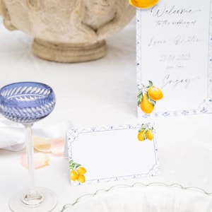 Carte de place citron bleu, mariage citron et marine, carte de visite italienne, Amalfi, Italie, Capri, Toscane