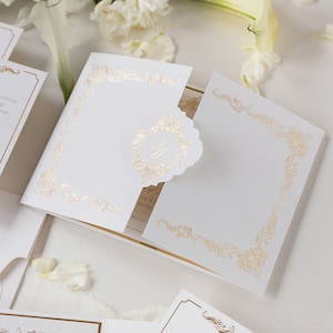 Luxuriöses Hochzeits-Einladungs-Set im Pocketfold mit Rsvp- und Infokarte, RSVP-Karte, Luxus, Hochzeit, Goldfolie