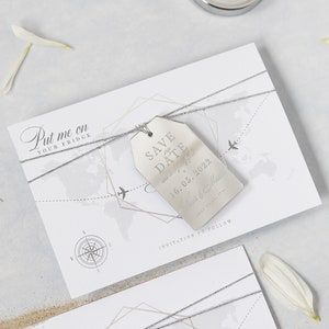 Luggage Tag Save the Date, Magnet with Plexi Mirror Magnet, Passport Style, Wedding Abroad, Silver Foil