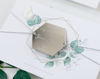 Save-the-Date Card Eucalyptus with Engraved Mirror Magnet and Silver Foil, Magnet, Mirror Magnet, Wedding, STD