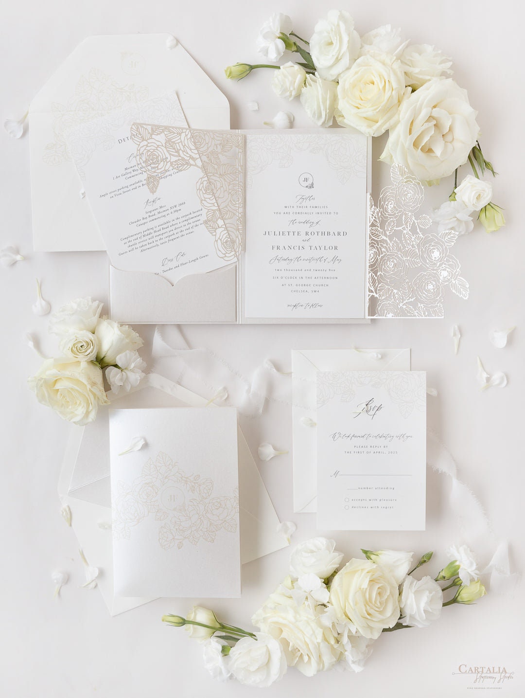 Laser-cut pocketfold pearlescent paper set with rose
