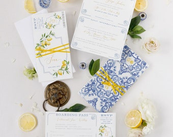 Lemon Themed Passport Wedding Invitation Sicilian Tiles & Sun Inspired, Destination Wedding, Abroad Wedding, Boarding Pass