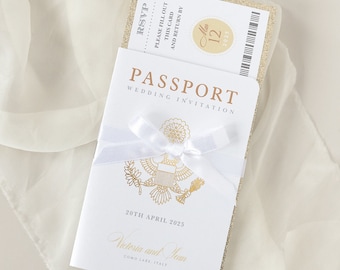 Passeport Wedding Invitation Champagne avec paillettes, feuille d’or véritable et nœud, mariage à destination, mariage à l’étranger, luxe, carte d’embarquement