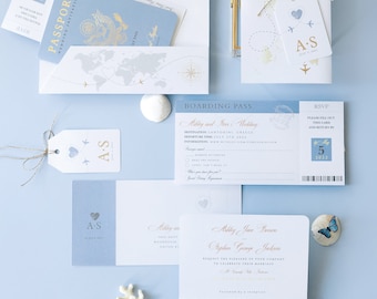 Luxury Blue Gray Passport Wedding Invitation with Gold Foil and Folder - Destination Wedding, Abroad Wedding, Luxury, Boarding Pass