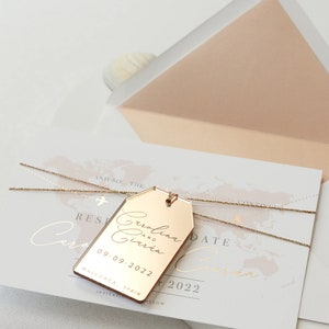 Luxuriöser Reiseziel Magnet in Roségoldenem, Verspiegeltem Plexiglas, Save the Date Karte, Hochzeit im Ausland