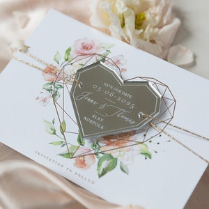 Save-the-Date-Karte Rosen mit graviertem Goldfolien-Herz-Magnet, Spiegelmagnet, Blumen, STD, Herz