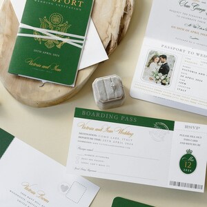 パスポート結婚式招待状グリーン + 搭乗券 (RSVP)、目的地の結婚式、海外での結婚、豪華な結婚式、搭乗券